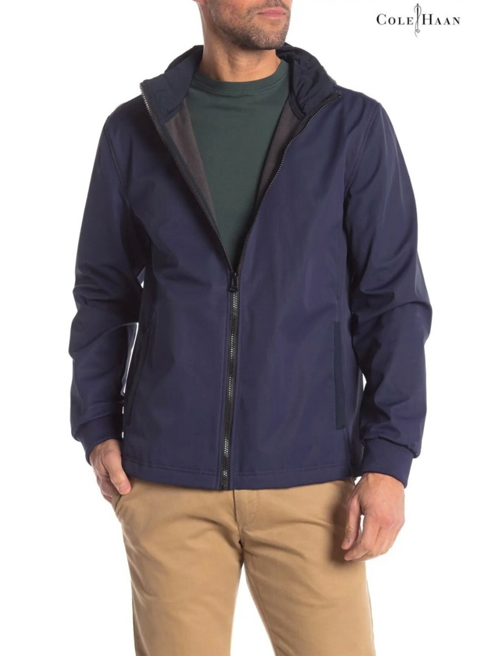 COLE HAAN NWT ZIP FRONT SOFT SHELL HOODED NAVY JACKET. SIZE XL